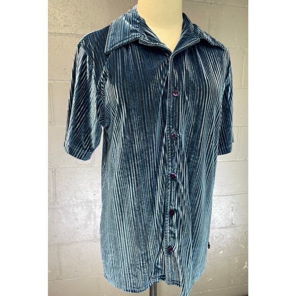 Vintage 1990s Steel Blue Velour Button Up Shirt Epidemic Small Rave Club Disco - Picture 3 of 8